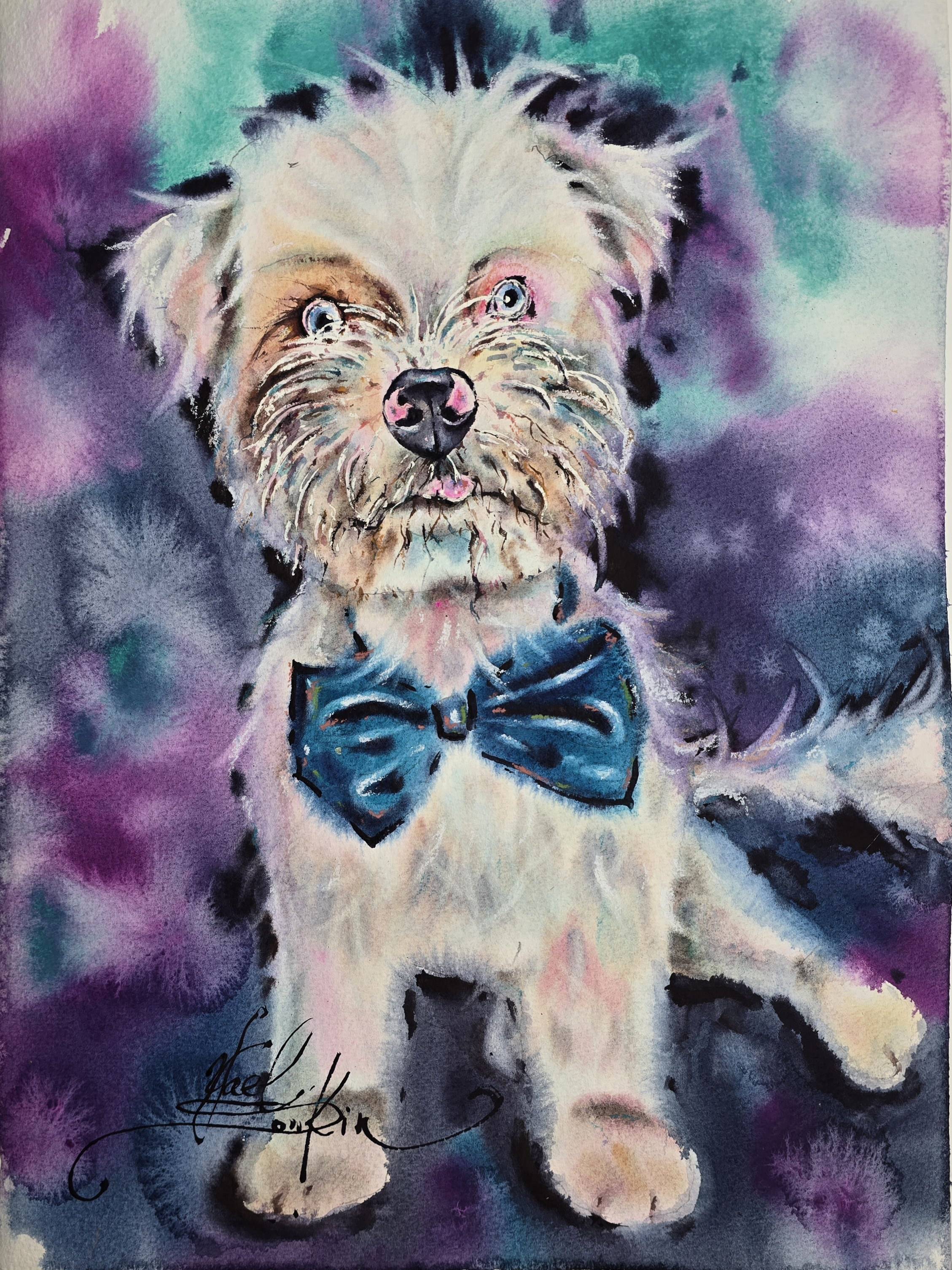 original watercolor Westiepoo dog portrait by artist Yael Natali
