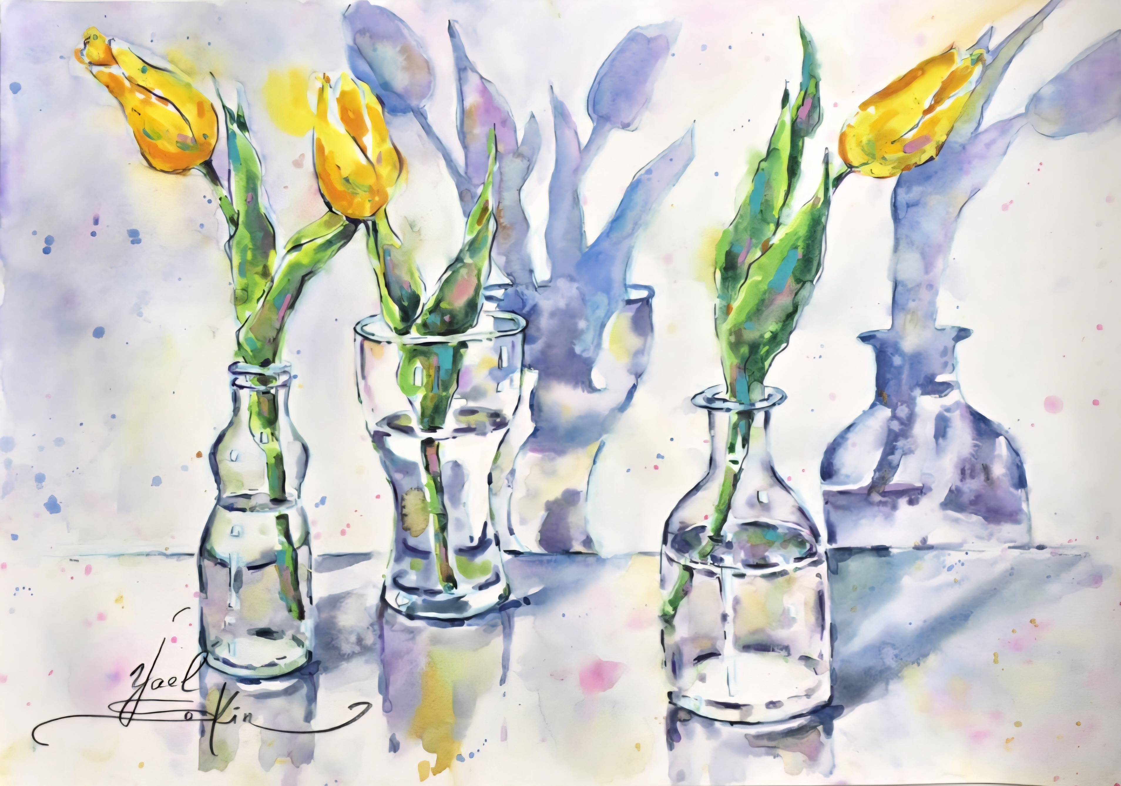 original watercolor painting of yellow tulips in glass bottles, expressive floral still life with transparent vases and soft spring colors, signed by artist Yael Natali
