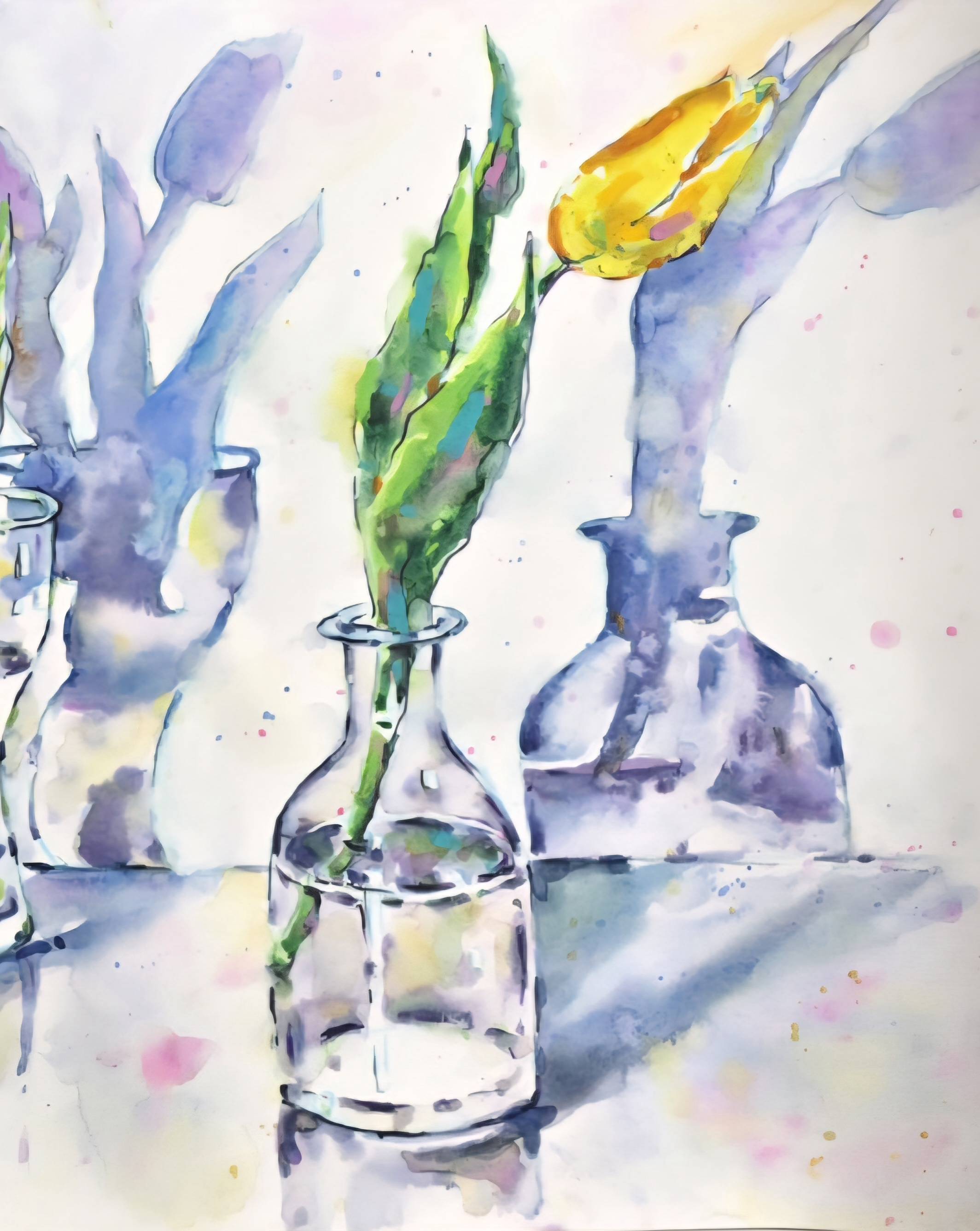 Original Watercolor Yellow Tulips in Glass Bottles - Floral Wall Art — image 2