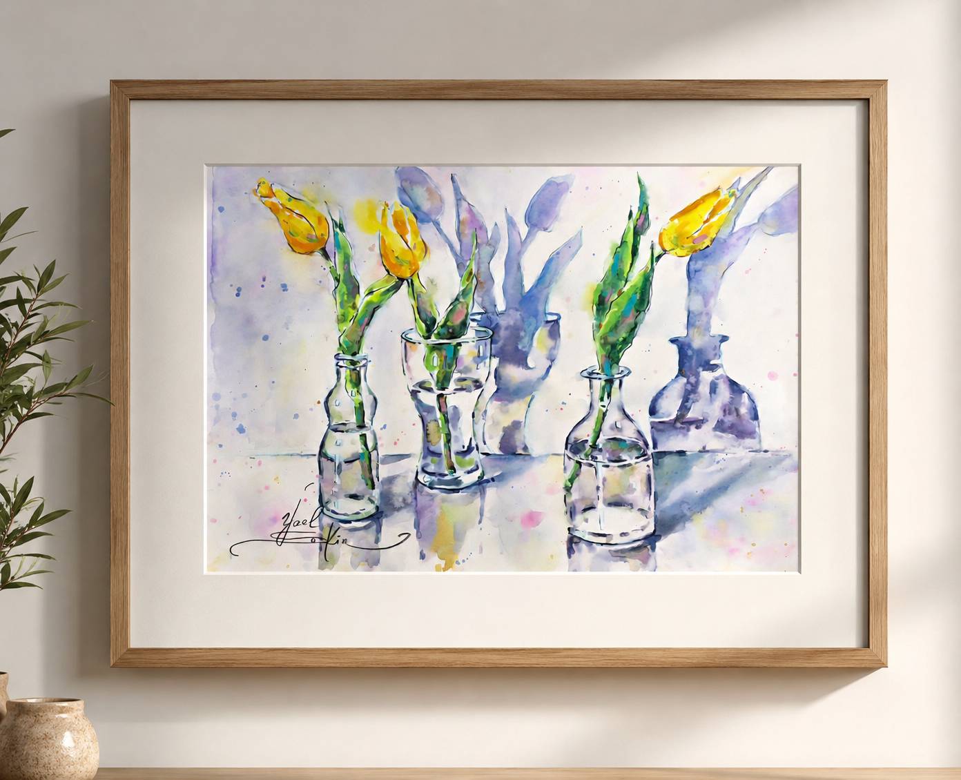 Original Watercolor Yellow Tulips in Glass Bottles - Floral Wall Art — image 3