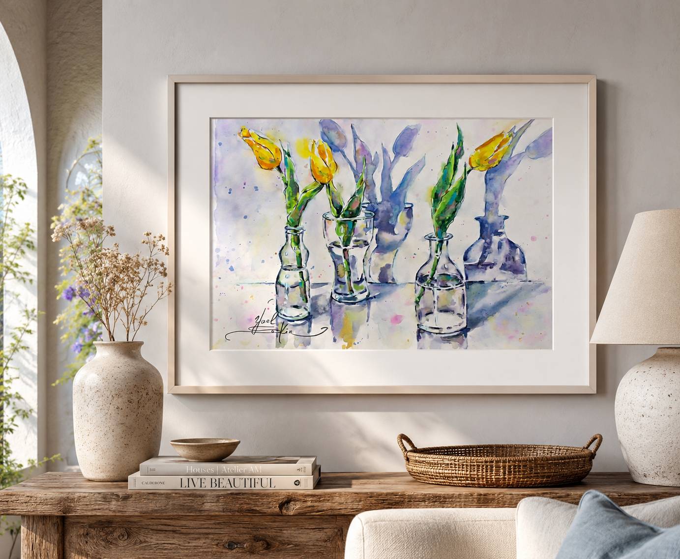 Original Watercolor Yellow Tulips in Glass Bottles - Floral Wall Art — image 4