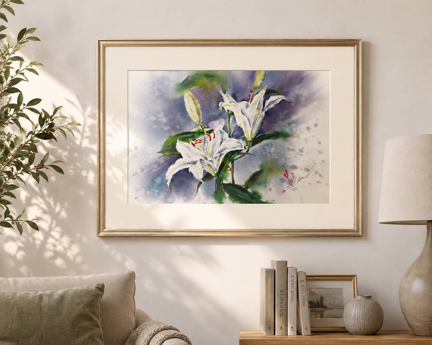Original Watercolor White Lily Painting - Floral Wall Art - Botanical Wall Decor — image 4