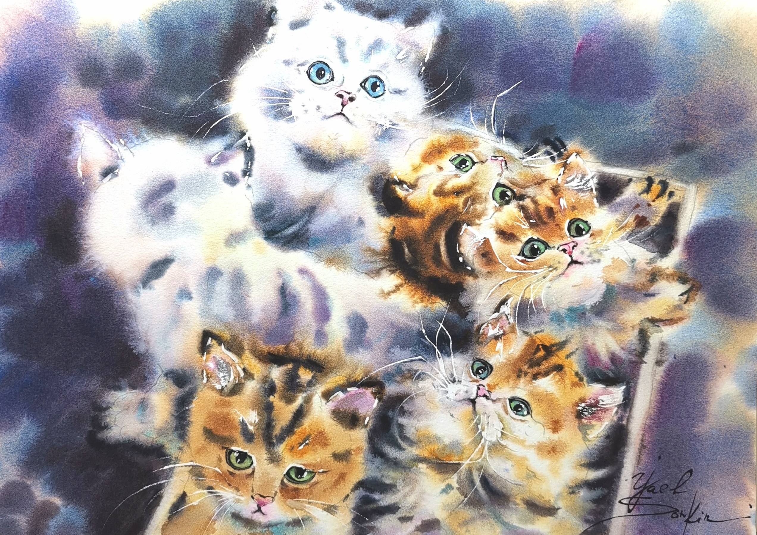 watercolor painting of playful kittens in a box, fluffy orange and white cats with bright green and blue eyes, original cat artwork by Yael Natali