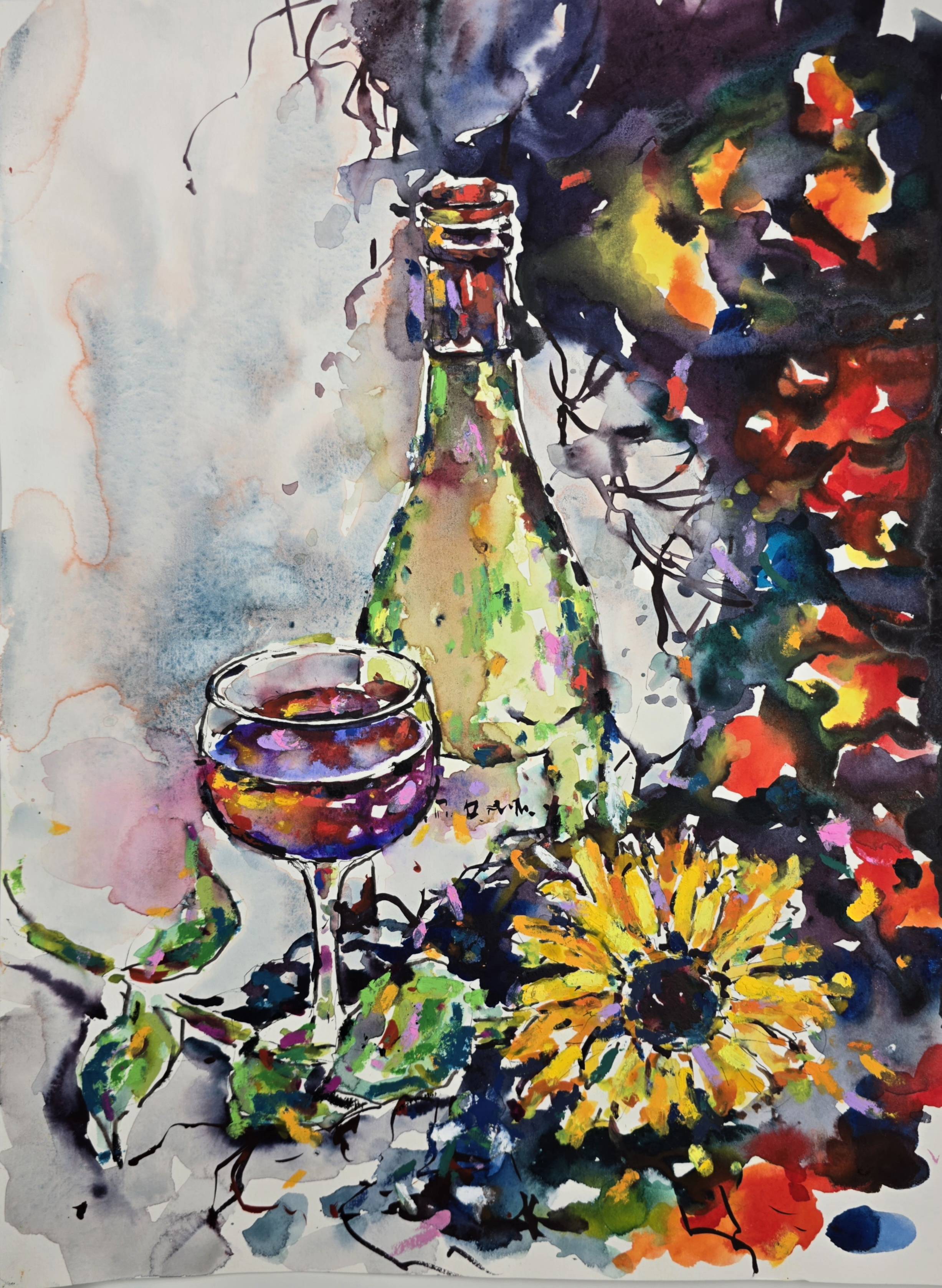 Wine Glass and Sunflower - Original Mixed Media Still Life Painting