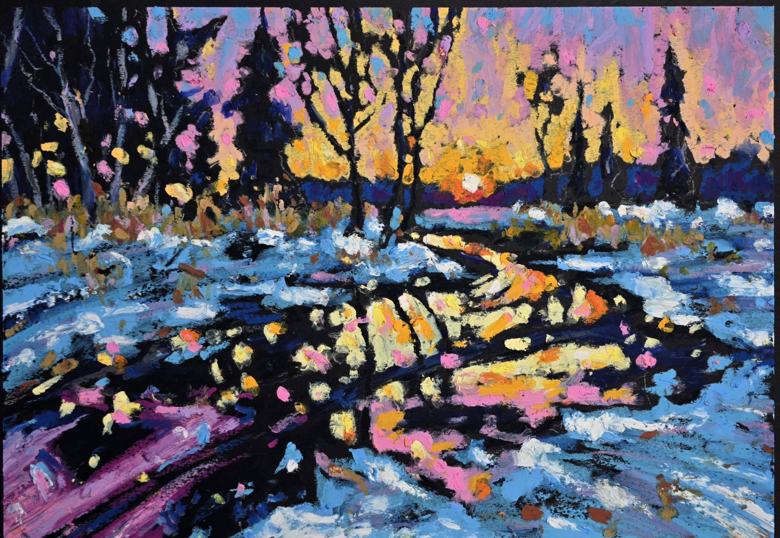 Winter Sunset Reflections - Original Winter Landscape Oil Pastel Wall Art